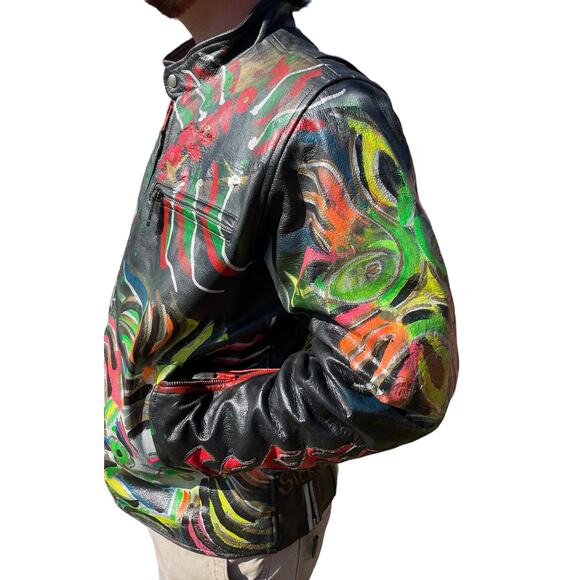 Vintage Biker Jacket, One-of-a-kind Custom Painted Leather, "Get Lucky" Large - Picture 6 of 12